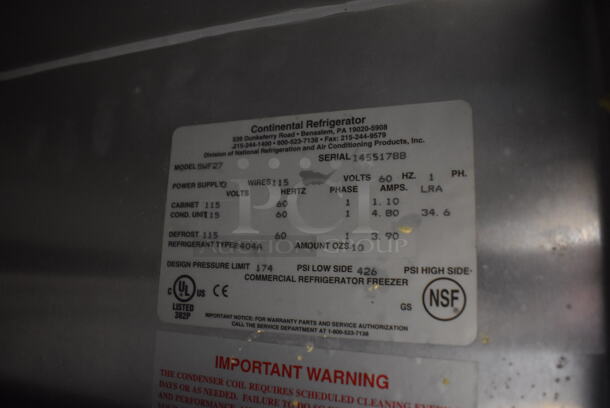 Continental SWF27 Stainless Steel Commercial 2 Drawer Undercounter Freezer on Commercial Casters. 115 Volts, 1 Phase. 27.5x30x35.5. Tested and Working! - Image 5 of 5