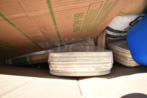 PALLET LOT of 20 BRAND NEW Boxes Including Dart 205HT1 White Foam Take Out Container with Perforated Hinged Lid 9" x 6" x 3" - 200/Case, 5002WRAPNAP Natural Kraft 1/4 Fold Dinner Napkin 16" x 16, 394365L Noble Products Powder-Free Disposable Vinyl Gloves for Foodservice - 1000/Case, 485WJ7TN Choice 7 3/4" Jumbo Clear Wrapped Straw - 12000/Case, 795KFTL50PE Choice 44-50 oz. Round PET Take-Out Lid - 300/Case, Dart 90HTPF1R White Foam Square Take Out Container with Hinged Lid 9" x 9" x 3" - 200/Case, 395TO991 EcoChoice 9" x 9" x 3" Compostable Sugarcane / Bagasse 1 Compartment Take-Out Box - 200/Case, 130WSPOONWP Choice Individually Wrapped Medium Weight White Plastic Teaspoon - 1000/Case. 20 Times Your Bid!  - Image 11 of 12