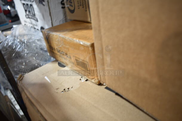 PALLET LOT of 31 BRAND NEW Boxes Including 3 Box 128HD8COMBO ChoiceHD 8 oz. Microwavable Translucent Plastic Deli Container and Lid Combo Pack - 240/Case, 129MCR50B Choice 43 oz. Black Round Microwavable Heavy Weight Container with Lid 9" - 150/Case, Oxygen Absorber, 2 Box 760IC16WPA Choice 1 Pint White Paper Double-Wall Frozen Yogurt / Food Cup with Paper Lid - 250/Case, L5638 Chef & Sommelier L5638 Sequence 19.5 oz. Universal Wine Glass by Arc Cardinal - 12/Case, Take Out Containers, 395TO991 EcoChoice 9" x 9" x 3" Compostable Sugarcane / Bagasse 1 Compartment Take-Out Box - 200/Case, 130WHFKSX500 Choice White Extra Heavy Weight Wrapped Plastic Cutlery Pack - 500/Case. 31 Times Your Bid!  - Image 7 of 12