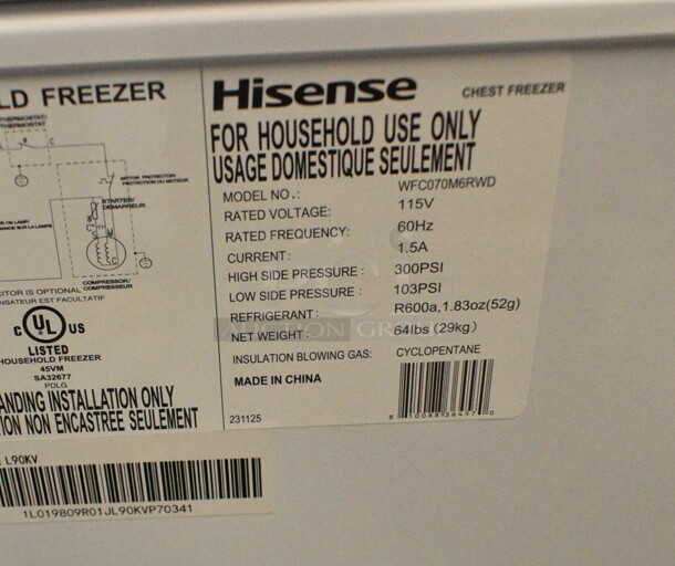 Hisense WFC070M6RWD Metal Chest Freezer w/ Hinge Lid. 115 Volts, 1 Phase. Tested and Working! - Image 4 of 4