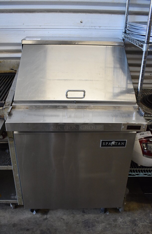 Spartan Model SST-27-12 Stainless Steel Commercial Sandwich Salad Prep Table Bain Marie Mega Top w/ Various Stainless Steel Drop In Bins on Commercial Casters. 115 Volts, 1 Phase. 27.5x34x46. Tested and Working!