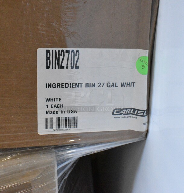 20 BRAND NEW Boxes Including Carlisle BIN2702 27 Gallon / 430 Cup White Flat Top Mobile Ingredient Storage Bin with Sliding Lid, 12 Box Cocktail 2-1/2", 9 Box DPI-99-PP-B 9x9" PP Base, Mid Century Butane Stove Frame. 20 Times Your Bid!  - Image 2 of 6