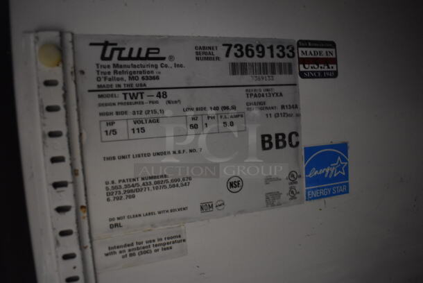 2012 True TWT-48 ENERGY STAR Stainless Steel Commercial 2 Door Work Top Cooler on Commercial Casters. 115 Volts, 1 Phase. 48x30x42. Tested and Working! - Image 6 of 6
