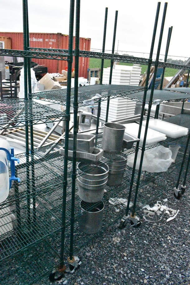 Green Finish 5 Tier Wire Shelving Unit on Commercial Casters w/ Contents Including Stainless Steel Cylindrical Bins. BUYER MUST DISMANTLE. PCI CANNOT DISMANTLE FOR SHIPPING. PLEASE CONSIDER FREIGHT CHARGES.  - Image 1 of 10