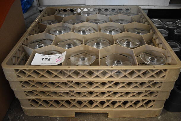 20 Stemmed Beverage Glasses in Tan Poly Dish Caddy. 3.5x3.5x7.5. 20 Times Your Bid!