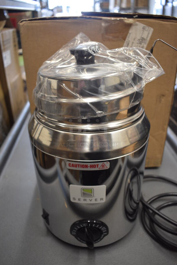 BRAND NEW IN BOX! Server Model FS Stainless Steel Commercial Countertop Fudge Warmer Server w/ Pump. 120 Volts, 1 Phase. 8x8x14