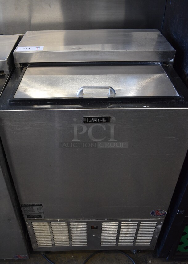 Perlick Model FR24 Stainless Steel Commercial Back Bar Bottle Cooler on Commercial Casters. 115 Volts, 1 Phase. 24.5x24.5x38. Tested and Working!