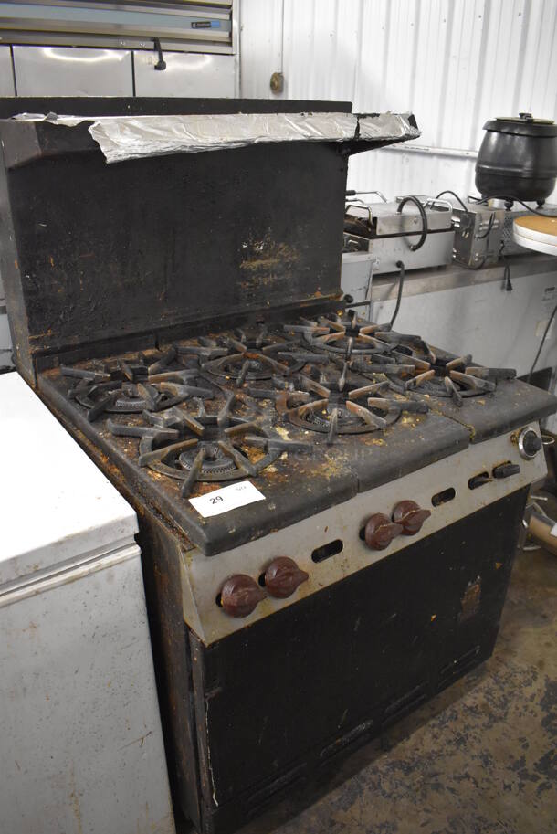 Wolf Metal Commercial Natural Gas Powered 6 Burner Range w/ Oven, Over Shelf and Back Splash. 34x36x58 - Image 3 of 9
