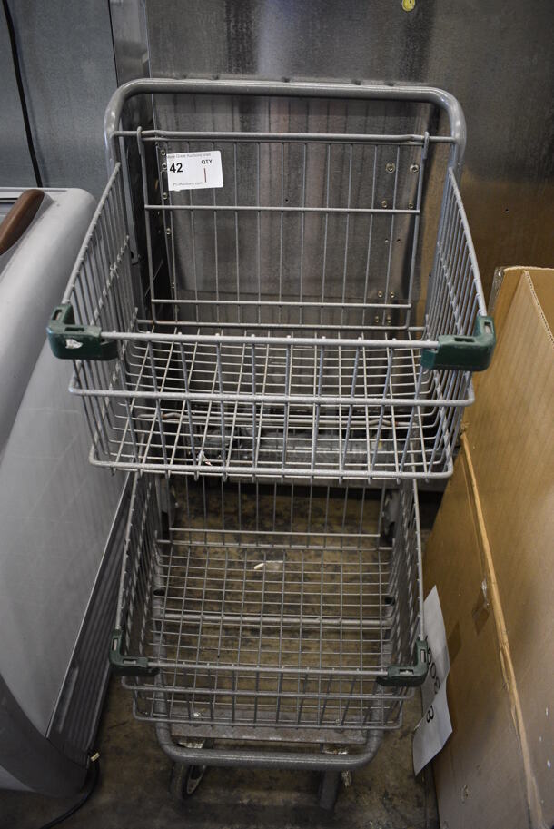 Gray Metal 2 Tier Shopping Cart on Casters. 21x28x41