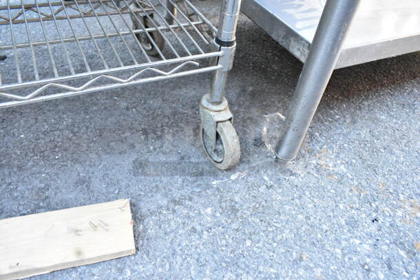 Chrome Finish 5 Tier Wire Shelving Unit on Commercial Casters w/ Contents Including Metal Baking Pans, Basket. Missing Wheel. BUYER MUST DISMANTLE. PCI CANNOT DISMANTLE FOR SHIPPING. PLEASE CONSIDER FREIGHT CHARGES. - Image 3 of 8