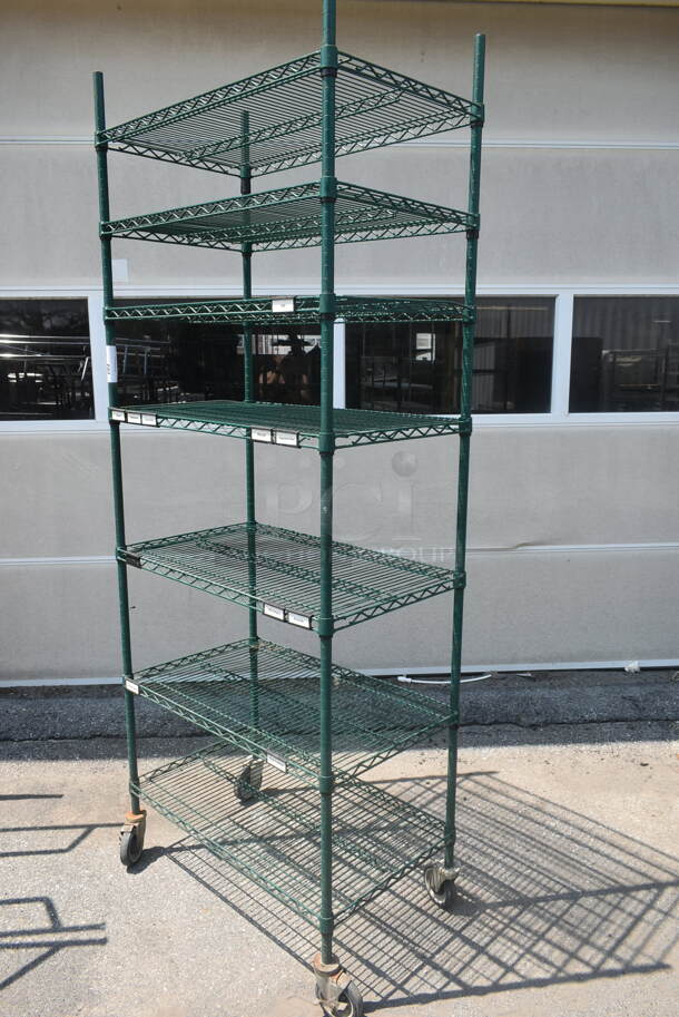 Green Finish 7 Tier Wire Shelving Unit on Commercial Casters. BUYER MUST DISMANTLE. PCI CANNOT DISMANTLE FOR SHIPPING. PLEASE CONSIDER FREIGHT CHARGES. - Image 3 of 4