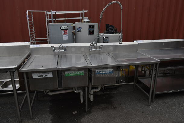 Stainless Steel Commercial 3 Bay Sink w/ Right Side Drain Board, 2 Faucets, 2 Handles and Spray Nozzle Attachment. Bays 16x26.5