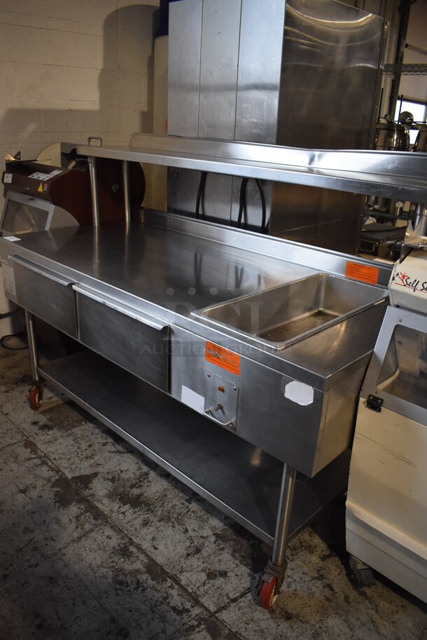 Baxter SP170R-M72 Stainless Steel Commercial Floor Style Steam Table w/ 2 Drawers, Under Shelf and Over Shelf on Commercial Casters. 120/208 Volts, 1 Phase. 72x31x55