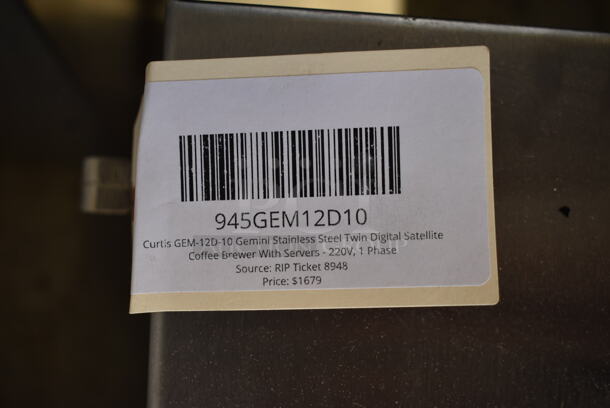	BRAND NEW SCRATCH AND DENT! Curtis GEM-12D-10 Stainless Steel Commercial Countertop Double Coffee Machine w/ Hot Water Dispenser, 2 Satellite Servers and 2 Poly Brew Baskets. 220 Volts, 1 Phase. - Image 9 of 10