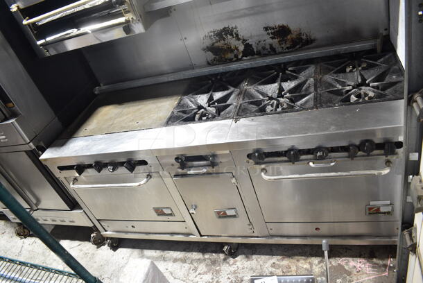 Southbend Stainless Steel Commercial Natural Gas Powered 6 Burner Range w/ Flat Top Griddle, 2 Ovens, Cheese Melter and Back Splash on Commercial Casters.  - Image 3 of 9