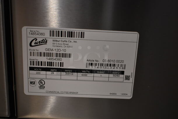 	BRAND NEW SCRATCH AND DENT! Curtis GEM-12D-10 Stainless Steel Commercial Countertop Double Coffee Machine w/ Hot Water Dispenser, 2 Satellite Servers and 2 Poly Brew Baskets. 220 Volts, 1 Phase. - Image 10 of 10