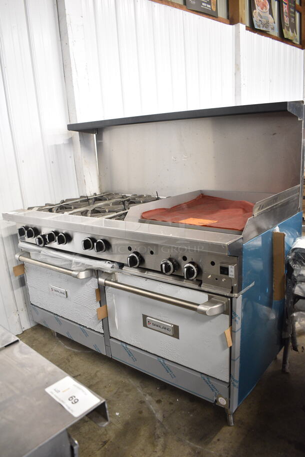BRAND NEW SCRATCH AND DENT! 2022 Garland G60-6G24CC Stainless Steel Commercial Propane Gas 6 Burner 60" Range with 24" Griddle, Over Shelf, Back Splash and 2 Convection Ovens. 310,000 BTU. - Image 2 of 12