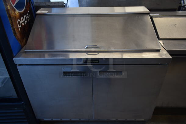 Delfield Stainless Steel Commercial Sandwich Salad Prep Table Bain Marie Mega Top on Commercial Casters. 115 Volts, 1 Phase. Tested and Powers On But Does Not Get Cold  - Image 1 of 9