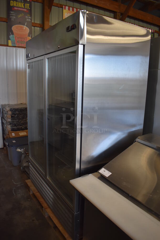 BRAND NEW SCRATCH AND DENT! Arctic Air AGR49 Stainless Steel Commercial 2 Door Reach In Cooler Merchandiser w/ Poly Coated Racks. 115 Volts, 1 Phase. Tested and Working! - Image 2 of 7