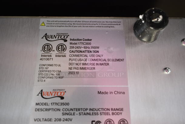 BRAND NEW SCRATCH AND DENT! 2023 Avantco 177IC3500 Stainless Steel Commercial Countertop Electric Powered Single Burner Induction Range. 208-240 Volts, 1 Phase.  - Image 5 of 5