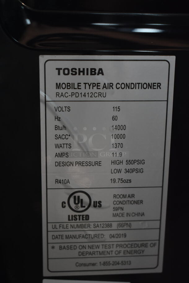 BRAND NEW SCRATCH AND DENT! Toshiba RAC-PD1412CRU 14,000 BTU 115-Volt Portable AC with Dehumidifier Function. 115 Volts, 1 Phase. Tested and Working! - Image 7 of 7