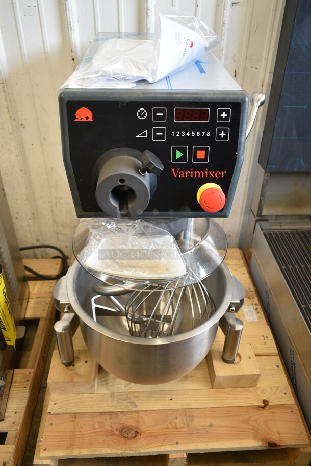 BRAND NEW! 2022 Varimixer V20KT Metal Commercial Countertop 20 Quart Planetary Dough Mixer w/ Stainless Steel Mixing Bowl, Bowl Guard, Whisk, Paddle and Dough Hook Attachments. 120 Volts, 1 Phase. Tested and Working! - Image 2 of 9