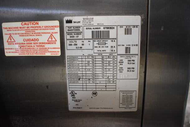 Taylor Model 342D-27 Stainless Steel Commercial Floor Style Air Cooled 2 Flavor Frozen Beverage Machine w/ Drink Mixer Attachment on Commercial Casters. 208-230 Volts, 1 Phase. 26x34x60 - Image 6 of 7