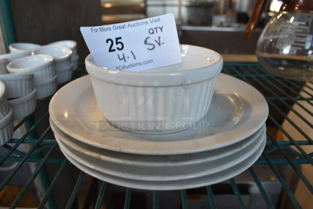 5 Various White Ceramic Dishes; Ramekin and 4 Plates. 4.5x4.5x2, 7.5x7.5x1. 5 Times Your Bid!