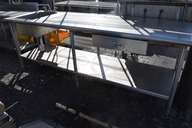 Stainless Steel Table w/ Sink Basin, Faucet, Handles, Drawer and Under Shelf. 96x30x35. Bay 16x20x10