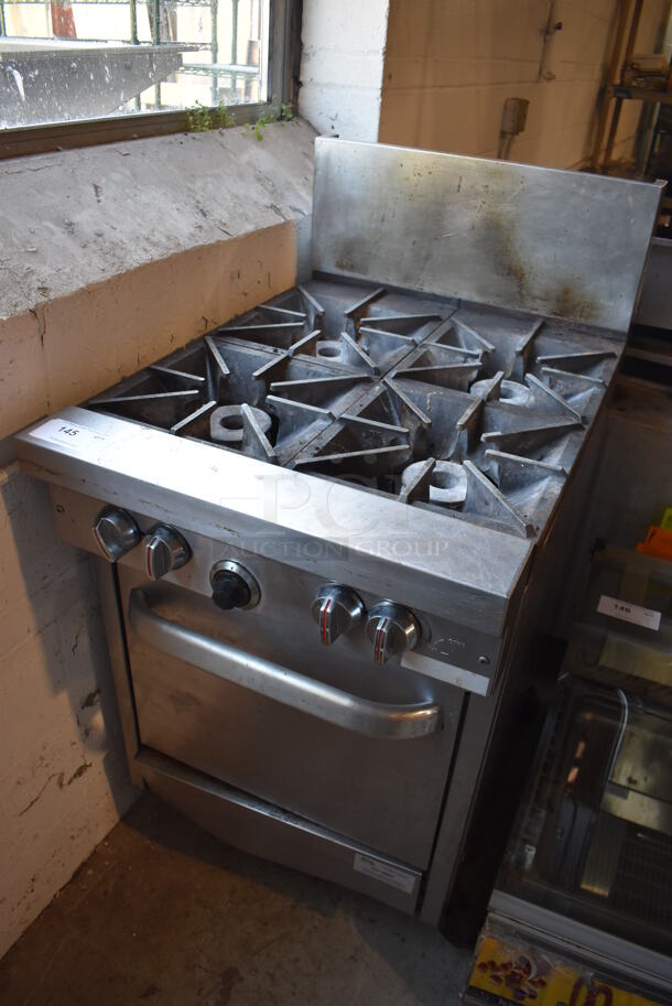 Stainless Steel Commercial Natural Gas Powered 4 Burner Range w/ Oven and Back Splash on Commercial Casters. 24x34x47 - Image 2 of 7