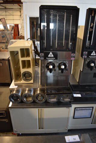 FBD Model FBD562 RC Stainless Steel Commercial Countertop 2 Flavor Slushie Machine on Stainless Steel Soda Station w/ 5 Cup Dispensers and 2 Doors. 215-245 Volts, 1 Phase. 36x42x77