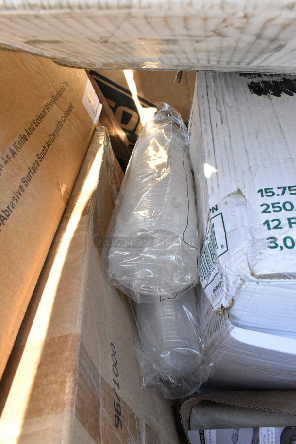 20 BRAND NEW Boxes Including 2 Box 347RPBD10WHG Visions 10" White Plastic Plate with Gold Bands - 120/Case, 5002WRAPNAPN EcoChoice WrapNap 2-Ply Natural Kraft 1/4 Fold Dinner Napkin 16" x 16" - 3000/Case, 500LFLAT Choice Clear Flat Lid with Straw Slot - 9, 12, 16, 20, and 24 oz. - 1000/Case, 5013339 Lavex Hercules 33 Gallon 2 Mil 33" x 39" Low Density Heavy-Duty Black Can Liner / Trash Bag - 100/Case, 50016W Choice White Poly Paper Hot Cup. 20 Times Your Bid!  - Image 8 of 12