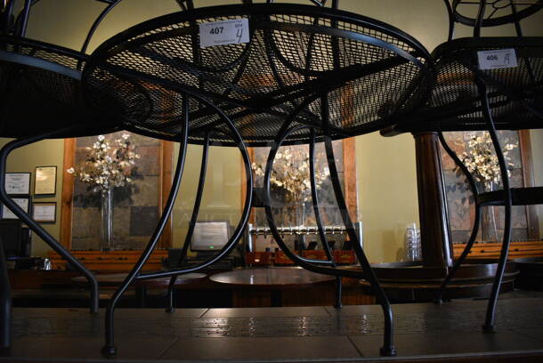 4 Metal Mesh Round Outdoor Patio Tables. BUYER MUST REMOVE. 42x42x27, 36x36x29. 4 Times Your Bid! (Susquehanna Ale House) - Image 2 of 3