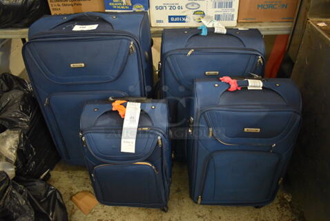 ALL ONE MONEY! Lot of 4 Various Sized Wisdom Blue Travel Luggage Bags. Includes 20x13x34