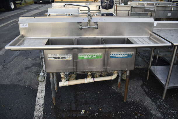 Stainless Steel 3 Bay Sink w/ Dual Drain Boards, Faucet and Handles. 72x22x44. Bays 14x16x12. Drain Boards 13x18x1