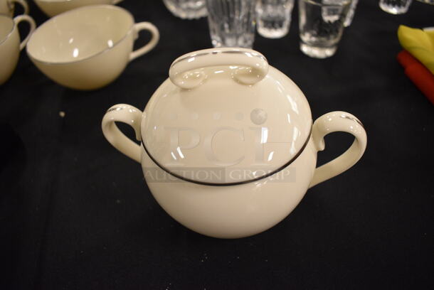 ALL ONE MONEY! Lot of Lenox Olympia PL X-303P Ivory Tea Cups, Teapot With Lid, Cream Teapot, and Sugar Bowl With Lid - Image 5 of 6