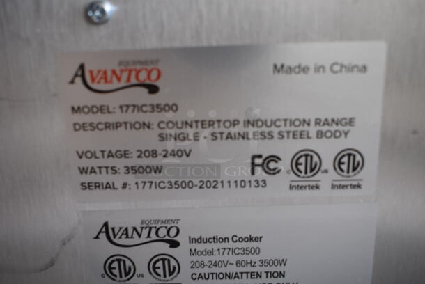 BRAND NEW IN BOX! Avantco 177IC3500 Stainless Steel Commercial Countertop Electric Powered Single Burner Induction Range. 208-240 Volts, 1 Phase. 13x17x4. Tested and Working! - Image 7 of 7