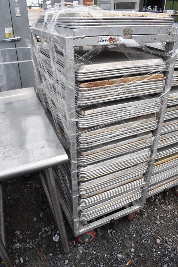 Metal Commercial Pan Transport Rack on Commercial Casters w/ 56 Metal Full Size Baking Pans. 21x26x52. 18x26x1 - Image 2 of 3