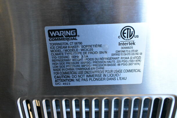 BRAND NEW SCRATCH AND DENT! Waring WCIC25 Stainless Steel Commercial Countertop Ice Cream Maker. 110-120 Volts, 1 Phase. - Image 4 of 5