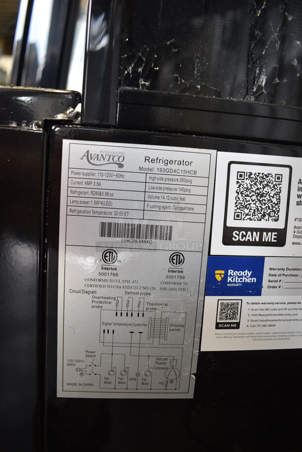 BRAND NEW SCRATCH AND DENT! Avantco 193GD4C15HCB Black 4-Sided Glass Refrigerated Display Case on Commercial Casters. See Pictures for Broken Glass. 110-120 Volts, 1 Phase. Tested and Working! - Image 10 of 10