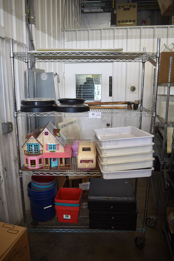 ALL ONE MONEY! Lot of Wall Clocks, Dollhouse And Camper, Cash Drawers, Dough Pans, Plastic Buckets, Cutting Board AND MORE! Does Not Include Metro Shelf.