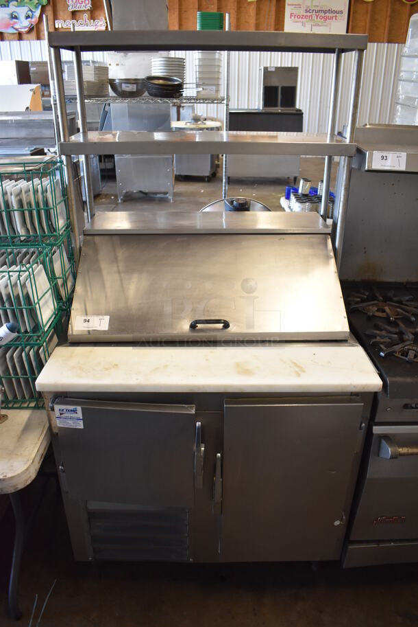 Leader Stainless Steel Commercial Sandwich Salad Prep Table Bain Marie Mega Top w/ 2 Tier Over Shelf and Various Drop In Bins. 115 Volts, 1 Phase. 36x35x70. Tested and Powers On But Does Not Get Cold - Image 1 of 9
