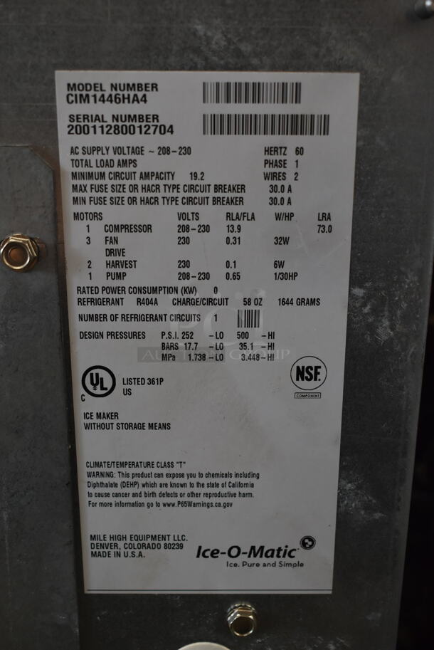 LATE MODEL! 2020 Ice O Matic CIM1446HA4 Stainless Steel Commercial Ice Head. Missing Front Panel. 208-230 Volts, 1 Phase. - Image 6 of 6