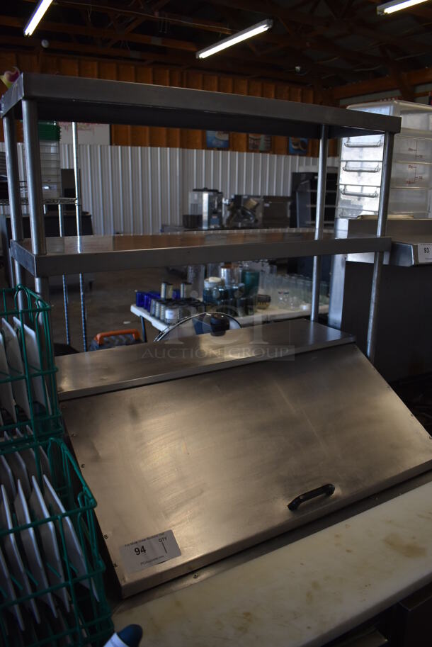 Leader Stainless Steel Commercial Sandwich Salad Prep Table Bain Marie Mega Top w/ 2 Tier Over Shelf and Various Drop In Bins. 115 Volts, 1 Phase. 36x35x70. Tested and Powers On But Does Not Get Cold - Image 4 of 9