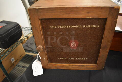 ONE OF A KIND! The Pennsylvania Railroad Wooden First Aid Cabinet With First Aid For Wounds Tin Can
