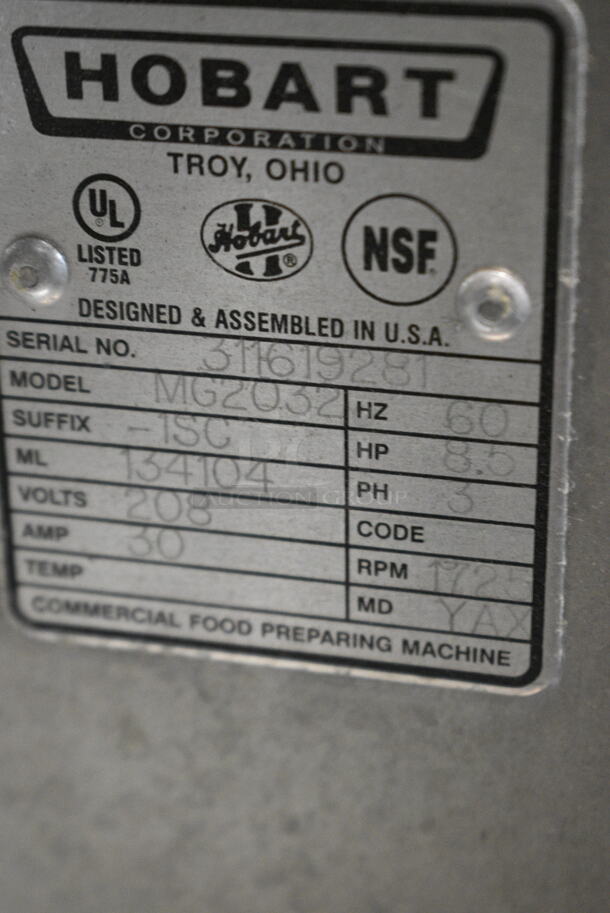 2021 Hobart MG2032 Metal Commercial Floor Style Electric Powered Meat Mixer Grinder w/ Foot Pedal on Commercial Casters. 208 Volts, 3 Phase. Tested and Working! - Image 6 of 6