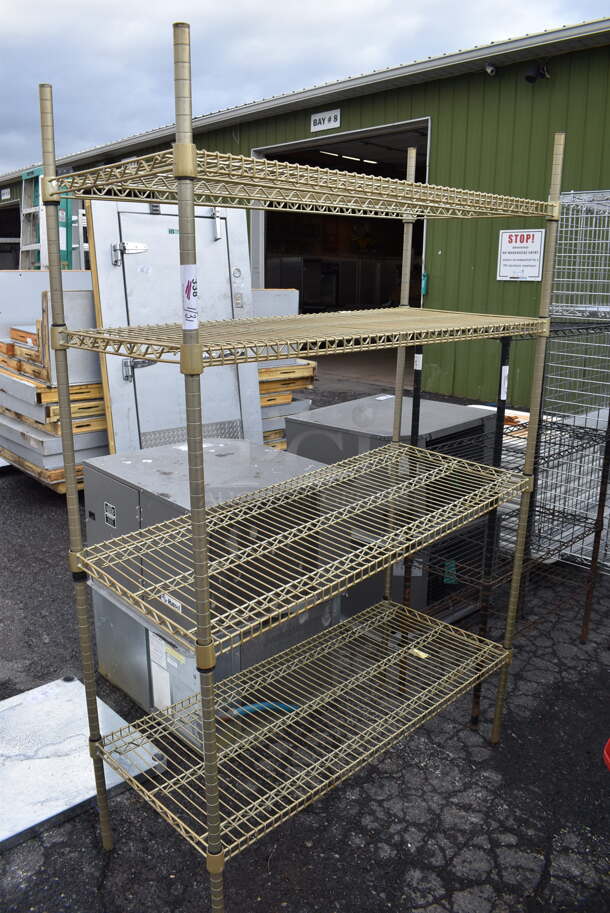 Gold Finish Metal 4 Tier Shelving Unit. BUYER MUST DISMANTLE. PCI CANNOT DISMANTLE FOR SHIPPING. PLEASE CONSIDER FREIGHT CHARGES. 48x21x75