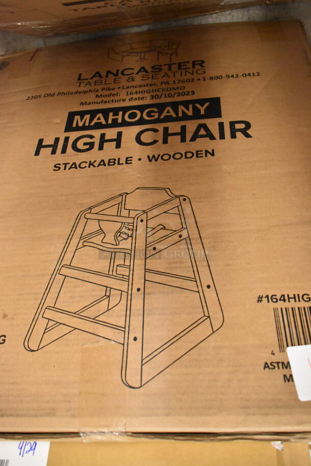 BRAND NEW SCRATCH AND DENT! Lancaster Table & Seating 164HIGHCKDMO Unassembled Standard Height Wooden High Chair with Mahogany Finish - Image 2 of 4