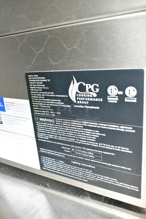 BRAND NEW SCRATCH AND DENT! 2023 Cooking Performance Group CPG 351CRCPG72NL Stainless Steel 72" Gas Radiant Charbroiler. 240,000 BTU.  - Image 11 of 11