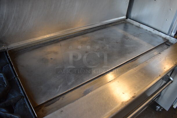 American Range Stainless Steel Commercial Natural Gas Powered 4 Burner Range w/ Flat Top, Oven, Convection Oven, Over Shelf and Back Splash on Commercial Casters. 72x33x57 - Image 5 of 7
